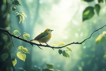 Obraz premium Bird on tree branch. Forest and bird. Nature Background. Goldcrest / Regulus regulus 