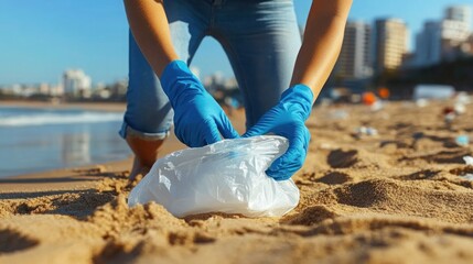 Person wearing gloves participating in a beach cleanup activity. Environmental responsibility and efforts to reduce plastic waste pollution.