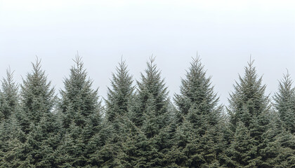 Fototapeta premium Serene row of evergreen trees against a pale sky, minimalist nature scene.