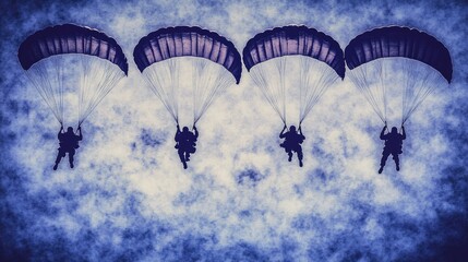 Paratroopers descending through a cloudy sky