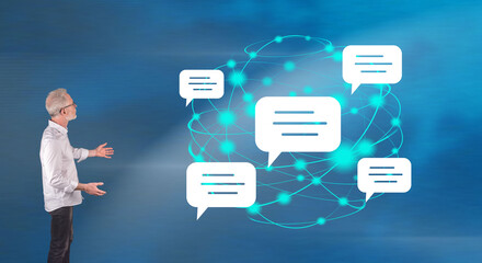 A global communication concept explained by a businessman on a wall screen