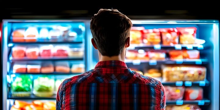 A person standing in front of a brightly lit vending machine, contemplating snack options amidst colorful packaging. Concept Vending Machine Choices, Snack Options, Colorful Packaging