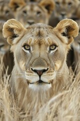 Obraz premium A close-up portrait of a lioness surrounded by other lions in a grassy habitat.