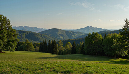 Obraz premium Serene Green Hills with Pine Forests and Blue Sky in the Distance