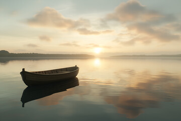Calm lake at sunrise with a small wooden boat floating gently, symbolizing peace. Nature and Serenity mockup, free space for text