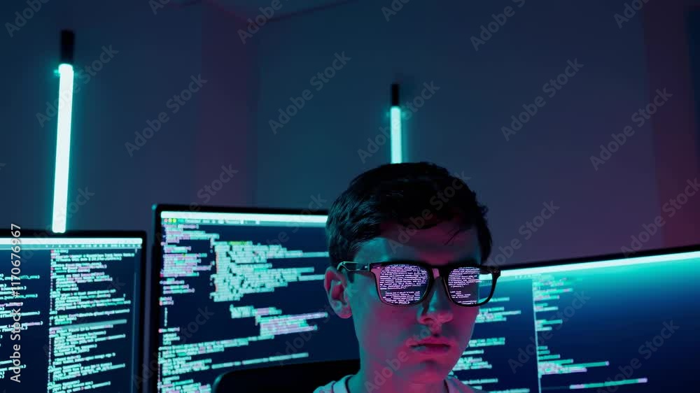 Poster exploring the world of coding with digital screens and reflective glasses