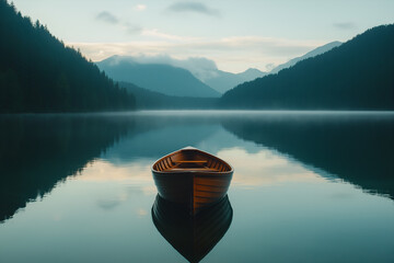 Calm lake at sunrise with a small wooden boat floating gently, symbolizing peace. Nature and Serenity mockup