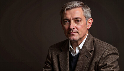 Obraz premium Stylish portrait of a mature man with silver hair and a gentle smile, wearing a brown coat in a classic interior with warm tones