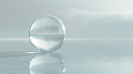 Delicate reflections on the surface of a water bubble, set against a backdrop of calming gradients in shades of misty gray and pearl white.