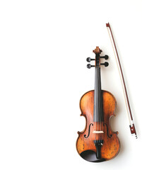 Fototapeta premium Antique wooden violin with bow resting beside it on light background