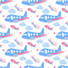 Seamless pattern featuring light blue and pink airplanes surrounded by fluffy clouds and twinkling stars. 