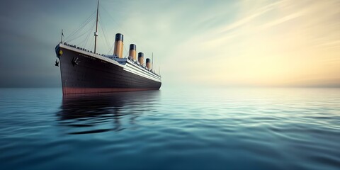 A large ocean liner resembling the Titanic, floating calmly on water under a soft, colorful sky. Concept Ocean Liner Design, Titanic Inspiration, Serene Water Scene, Colorful Sky Aesthetics