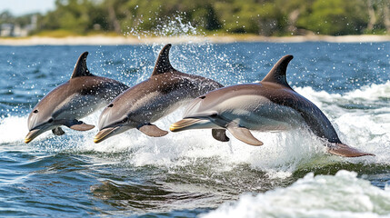 Obraz premium A group of dolphins splashing and playing in the waves by