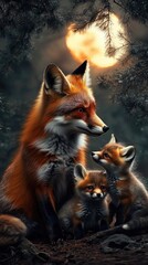 Fototapeta premium A serene scene of a fox family under a glowing moon in a forest.