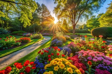 Sunlit Garden: Vibrant Flowers & Playful Shadows Stock Photo