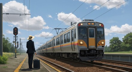 Fototapeta premium Retro-Inspired Train Station Scene with Traveler in Straw Hat