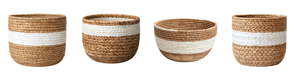 A collection of handcrafted rattan baskets in different sizes shapes and color patterns perfect for home organization decor and adding a touch of natural artisanal style to any space