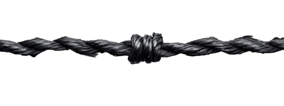 Torn Black Rope Minimalist Design, vibrant jagged black rope against white, striking contrast, ideal for bold text placement, clean aesthetic.