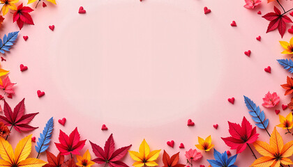 Obraz premium Vibrant Autumn Leaves and Hearts on Pink Background
