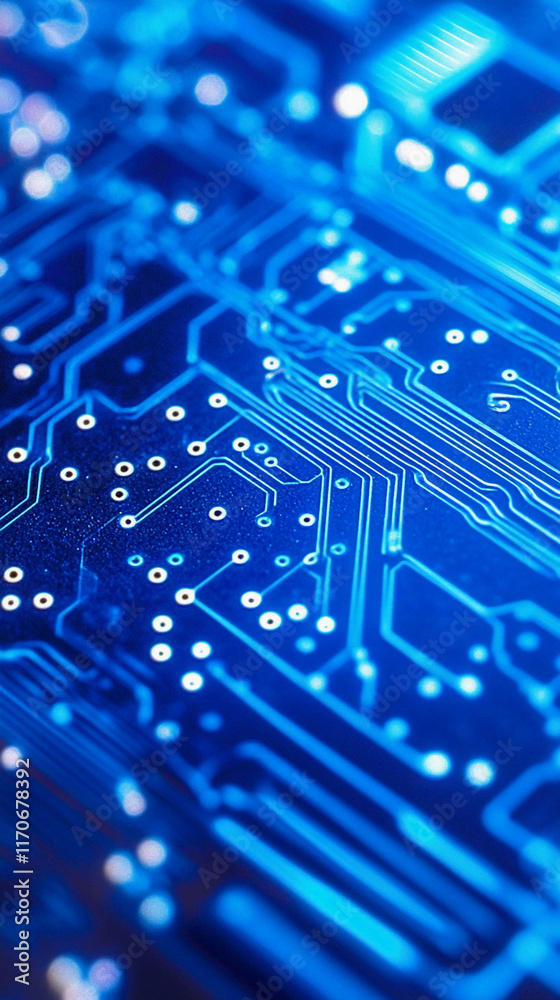 Poster electronic abstraction showcasing intricate circuit patterns in blue tones. generative ai