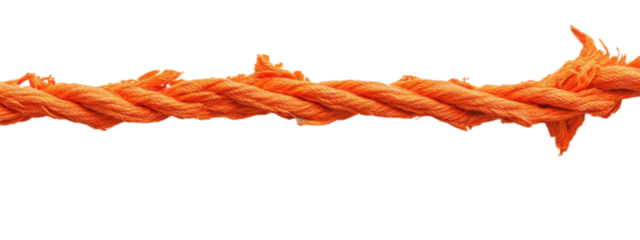 Torn Orange Rope Against White Canvas, vibrant orange rope with jagged edge, minimalist design, centered for text, striking visual contrast