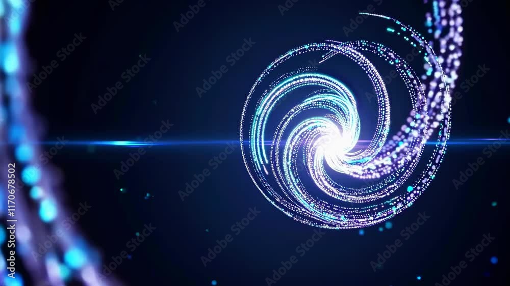Poster swirling blue light patterns create a mesmerizing visual effect in a dynamic space background