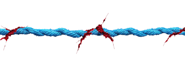 Torn Red and Blue Rope on White Canvas, vibrant colors, minimalist aesthetic, ideal for bold text integration, striking visual impact