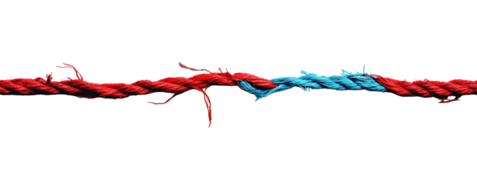 Torn Red and Blue Rope on White, vibrant colors, jagged edges, minimalist layout, ideal for bold text integration, striking visual impact