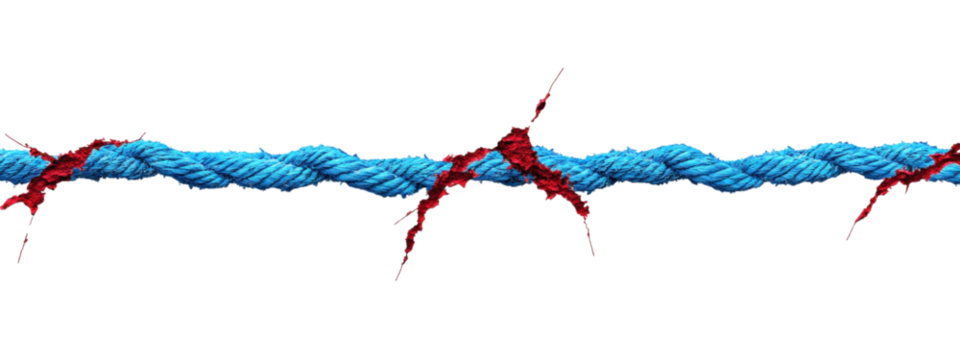 Torn Red and Blue Rope on White Canvas, vibrant colors, minimalist aesthetic, ideal for bold text integration, striking visual impact