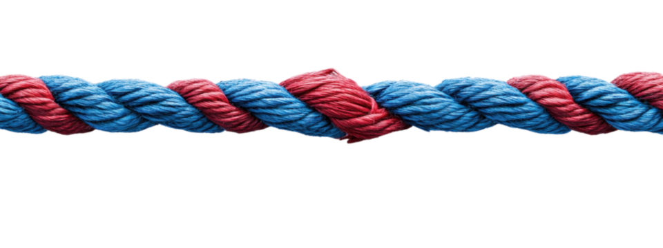 Torn Red and Vibrant Blue Rope on White Background, minimalist design, striking contrast, centered for text placement