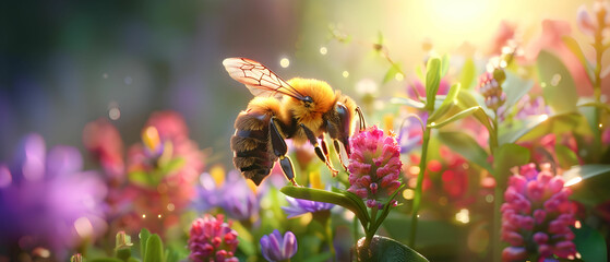 Naklejka premium Close-Up of a Honeybee Pollinating Vibrant Colorful Flowers in a Sunlit Garden