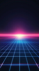 A vibrant grid stretches towards a glowing horizon filled with colorful light