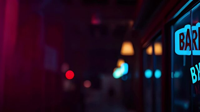 Barber pole glows red, white, blue, in front of a storefront at night with lights.