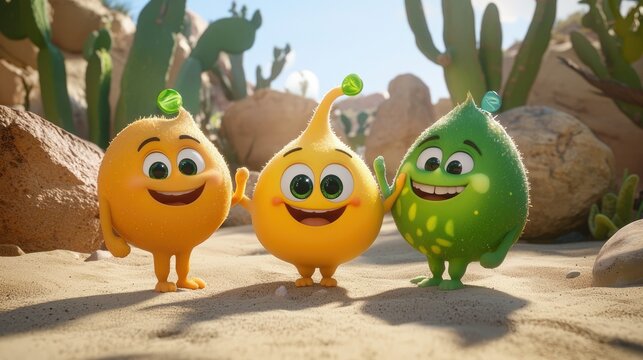 Three cute cartoon characters in a desert.