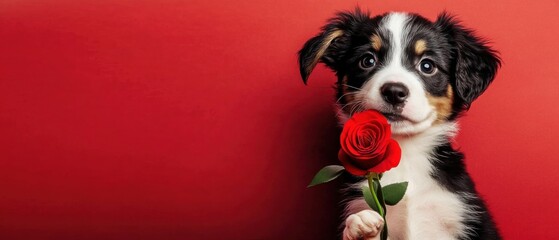Adorable Puppy Holding a Red Rose on Red Background, Valentines Day Dog