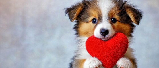 Adorable Puppy Holding Red Heart, Valentines Day Dog, Pet Love