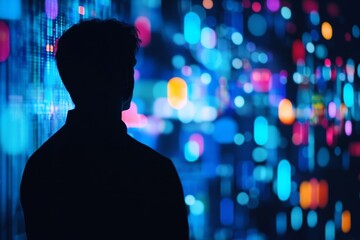 Silhouette of Person in Front of Abstract Digital Data Visualization with Colorful Clusters