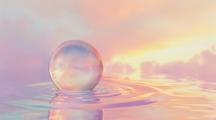 Soft pastel colors surrounding a delicate water bubble, shimmering against a gradient of sunset hues blending from apricot to soft coral.