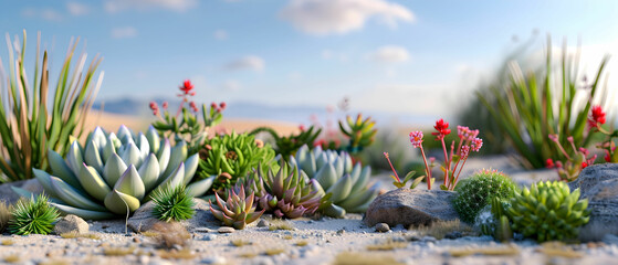 Vibrant Desert Garden with Succulents and Colorful Flowers Under a Clear Blue Sky