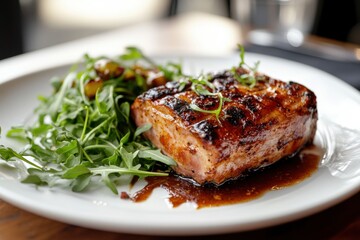 Close-up of a succulent grilled salmon fillet served with arugula and a rich glaze.