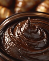 Close-up of rich, glossy chocolate spread with soft texture, perfect for desserts and pastries.