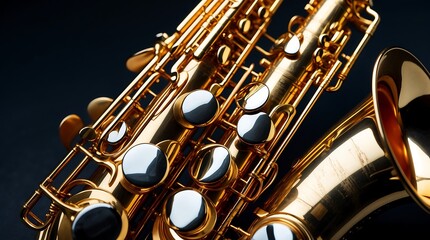 Naklejka premium Golden Alto Saxophone Close-Up: A Symphony of Brass and Music