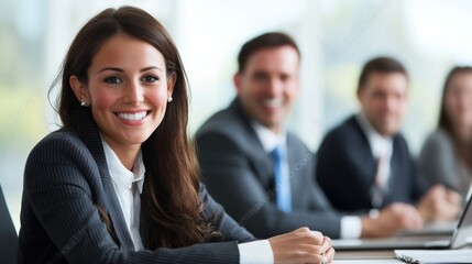 Happy female business professional with colleagues in meeting at office