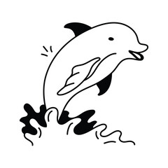 A stylized black and white graphic of a dolphin leaping playfully out of the water