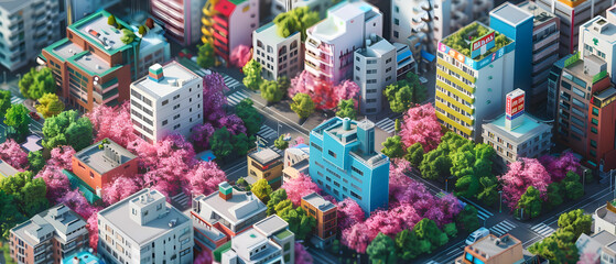 Fototapeta premium Vibrant Urban Landscape with Cherry Blossoms in a Modern City Setting during Springtime