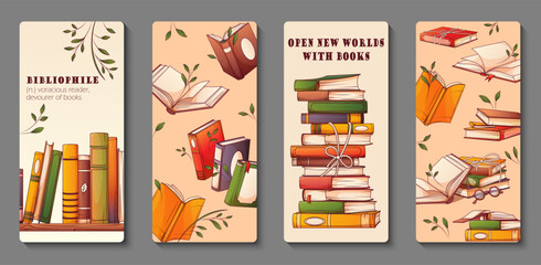 Vector set of vertical banner with illustration of stack of books, standing books, open book.