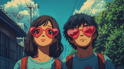 Obraz premium couple in love with heart-shaped sunglasses on sunny day