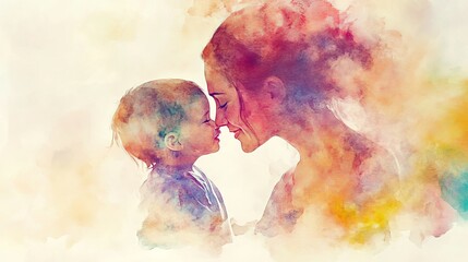 Tender Moment Between Mother and Child in Watercolor Style