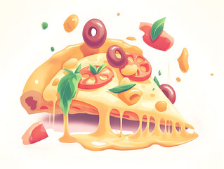 Delicious cartoon-style pizza slice with melting cheese and toppings