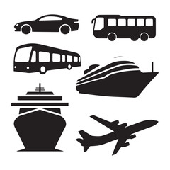 A collection of black silhouette vector graphics representing different modes of transportation.
